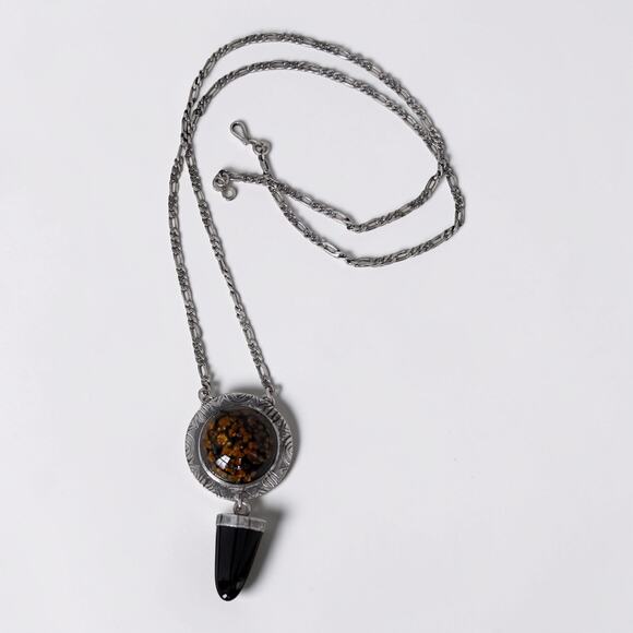 Vintage Sterling Silver Black Onyx Amber Resin Pendant Necklace Artisan 26 Inch - Picture 4 of 12